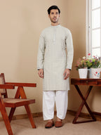 Pestel Green Linen Designer Embroidery Work Men's Rajwadi Kurta Set - Mahotsav | Grocsy