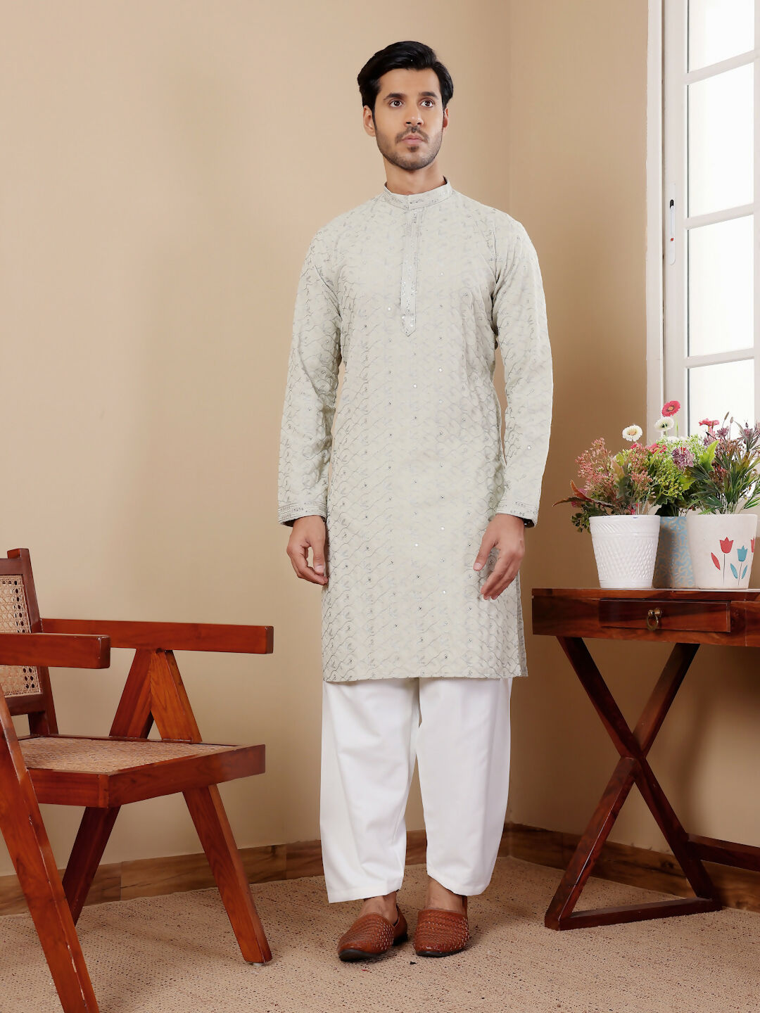 Pestel Green Linen Designer Embroidery Work Men's Rajwadi Kurta Set - Mahotsav | Grocsy