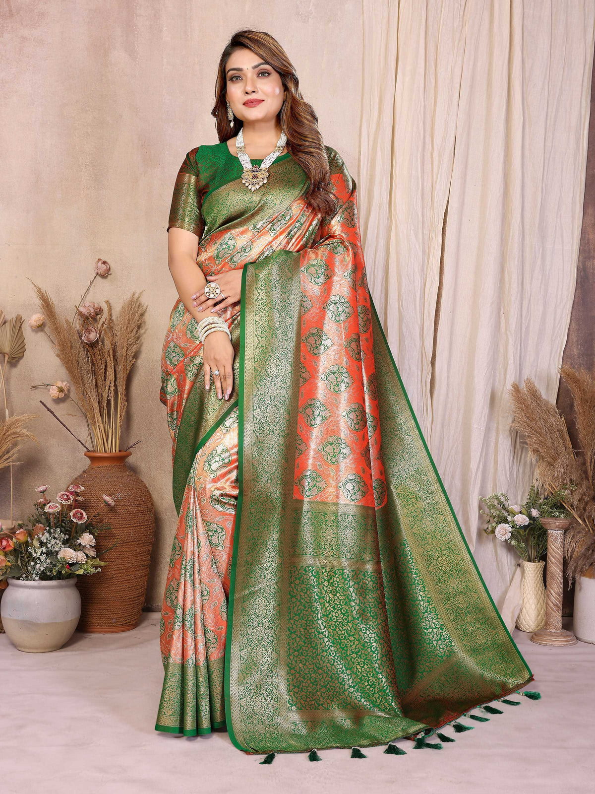 Aastha Fashion Red Banarasi Tissue Silk Weaving Saree | Grocsy
