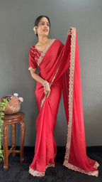 Vastranavya Red Georgette Silk Swarovski & Heavy Lace Work Ready to Wear Saree | Grocsy