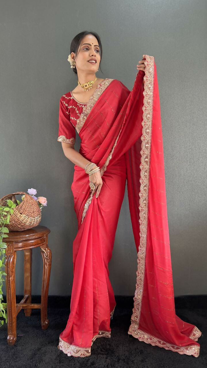 Vastranavya Red Georgette Silk Swarovski & Heavy Lace Work Ready to Wear Saree | Grocsy