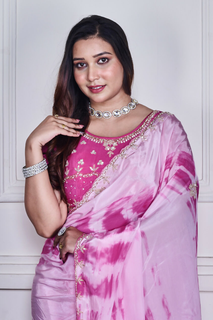 Morchari Pink Crepe Hand Embroidery Saree And Stitched Blouse | Grocsy