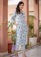 Kaajh Women's White Blue Floral Print Kurta Pant Set | Grocsy