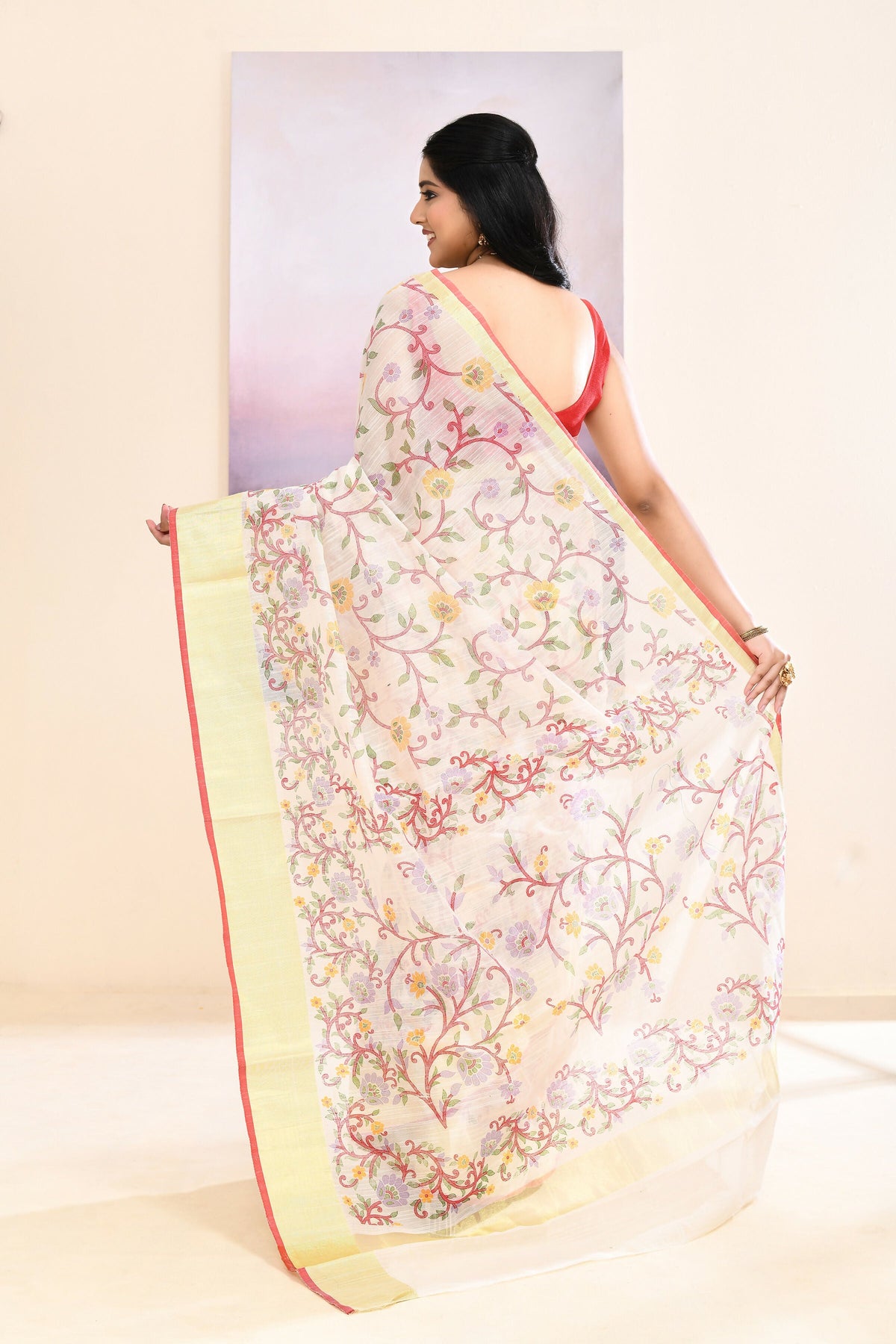 Piyari Fashion Women's White Embellished Cotton Blend Printed Saree | Grocsy