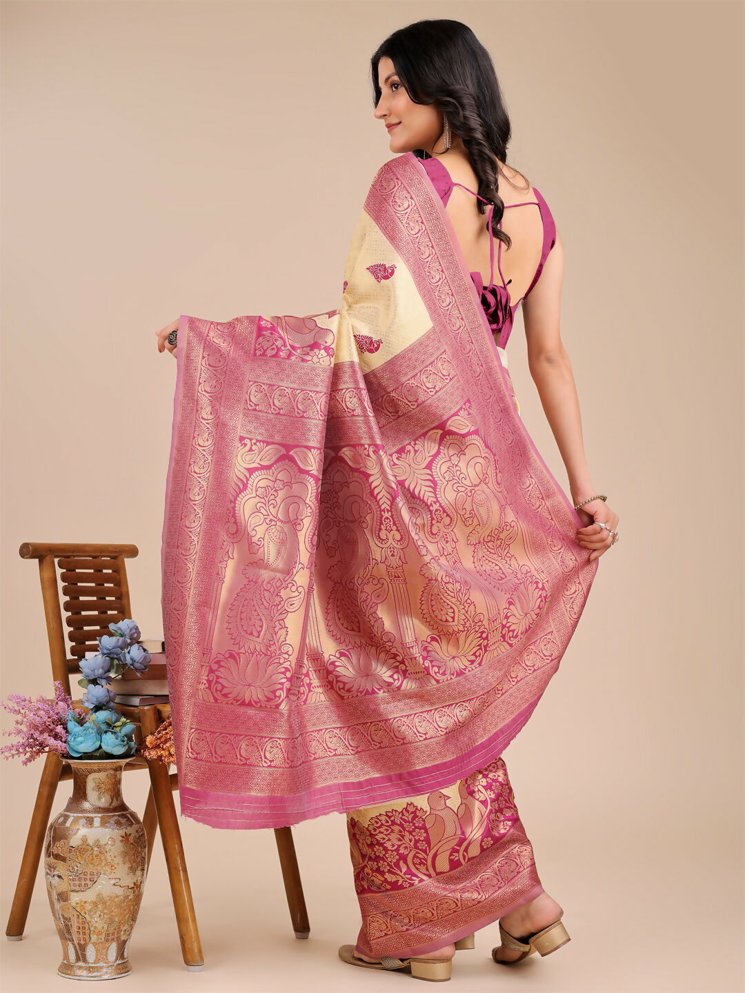 Shree Shyam Fashion Banarasi Silk Cream & Magenta Saree | Grocsy