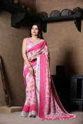 Prime Volt Linen Cotton Pink Printed Saree with Contrast Zari Border and Designer Blouse | Grocsy