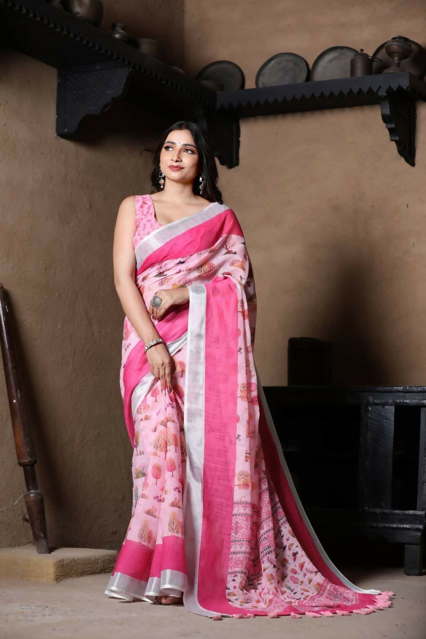 Prime Volt Linen Cotton Pink Printed Saree with Contrast Zari Border and Designer Blouse | Grocsy