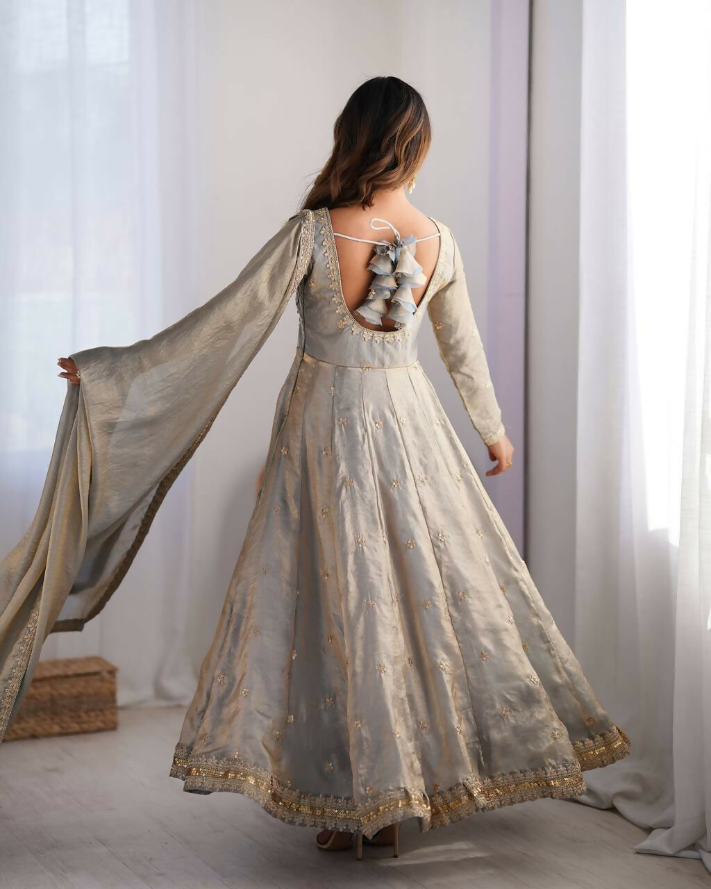 The52 Women's Beautiful Fandy Silk Fabric Embroidery Work Flared Anarkali Pant and Dupatta Set | Grocsy
