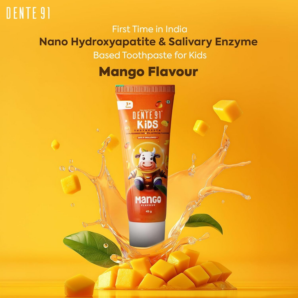 Dente91 Kids Toothpaste Protects Against Dental Caries & Hypersensitivity Fluoride Free, Mango Flavour | Grocsy