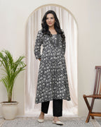 Vaasvablack Floral Cotton Printed Gathered Kurti With Pant | Grocsy