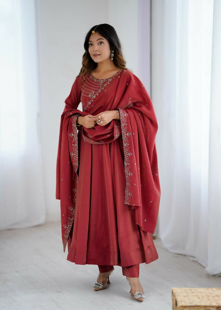 Lehenga Mart Designer Anarkali Suit With Kurta, Pant, Dupatta For Women-Maroon | Grocsy