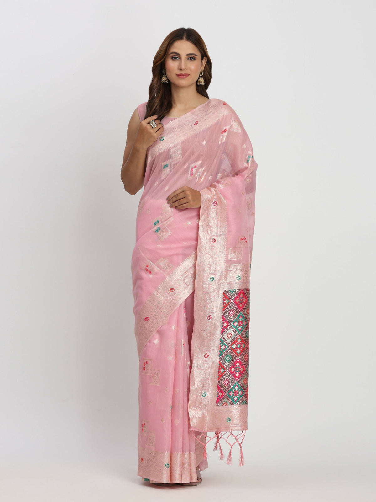 Shree Shyam Fashion Linen Cotton Light Pink Saree | Grocsy