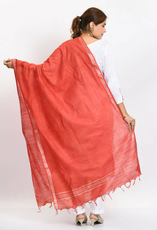 Mominos Fashion Moeza Women's Linen Cotton Silver Border Red Dupatta | Grocsy
