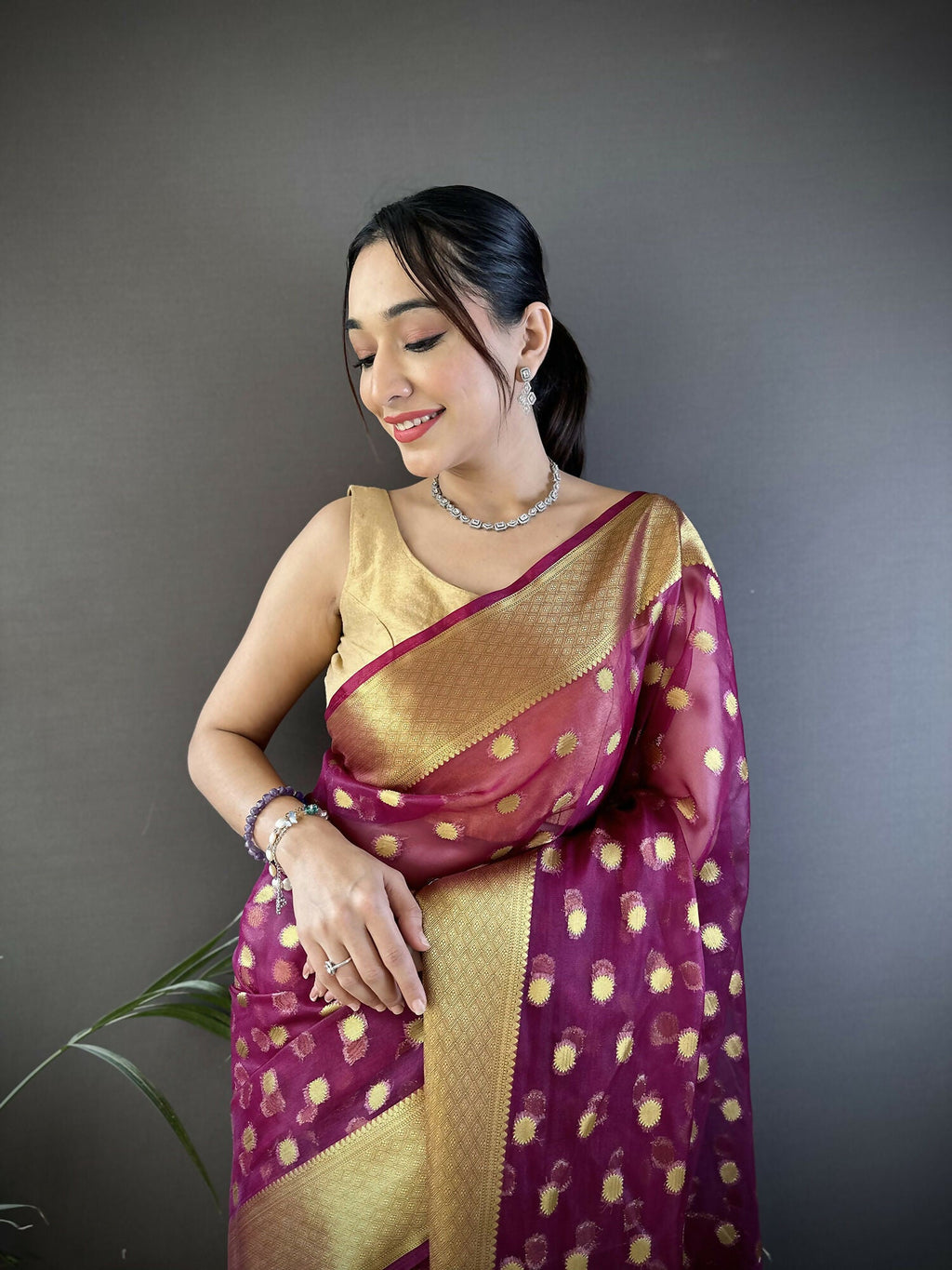 Joban Fashion Magenta Polka-Dot Zari Woven Organza Silk Banarasi Silk Saree | Grocsy