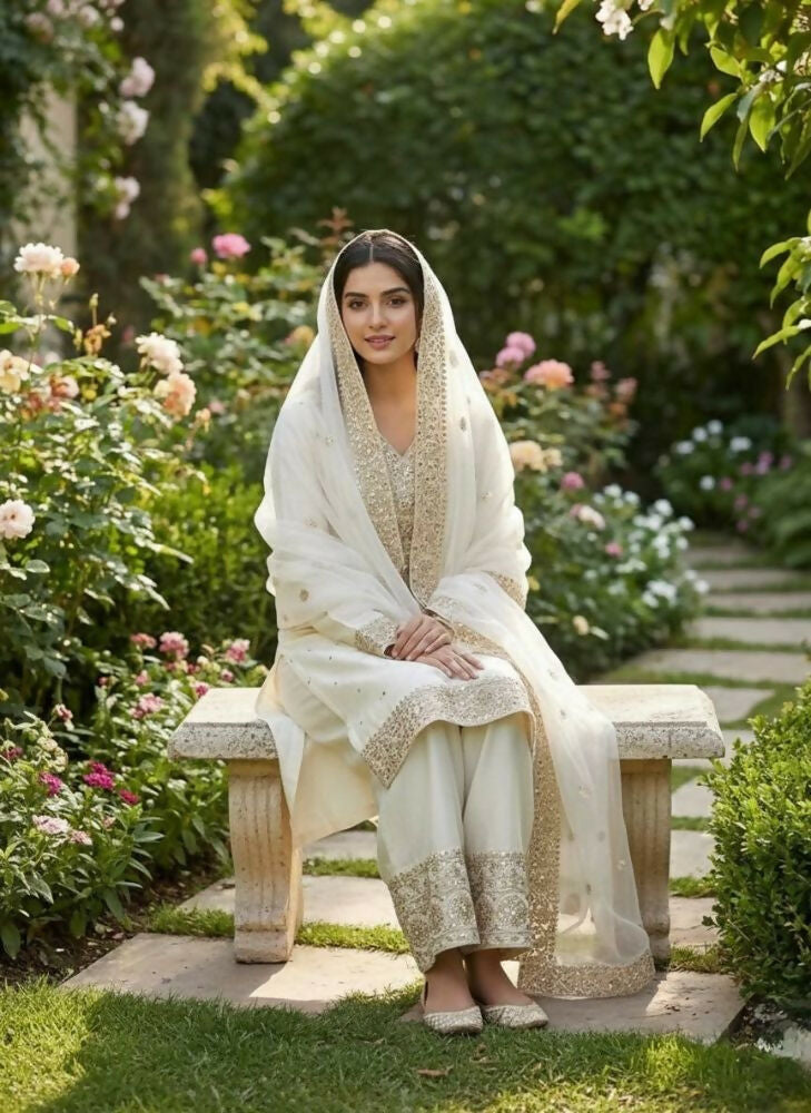 Teeya Creation White Color Fendy Silk Embroidery Work Wedding Wear Salwar Suit | Grocsy