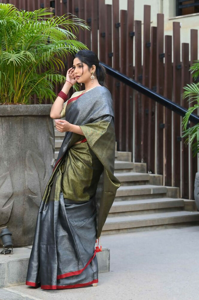 Beatitude Grey Tissue Silk Saree | Grocsy