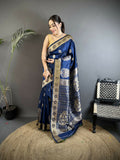 Joban Fashion Navy Blue Paisley Soft Silk Banarasi Saree | Grocsy