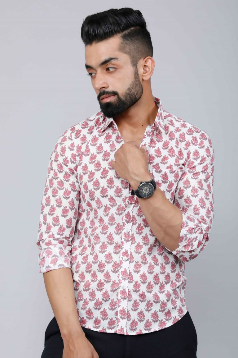 Miravan Men's White & Pink Spread Collar Floral Print Shirt | Grocsy