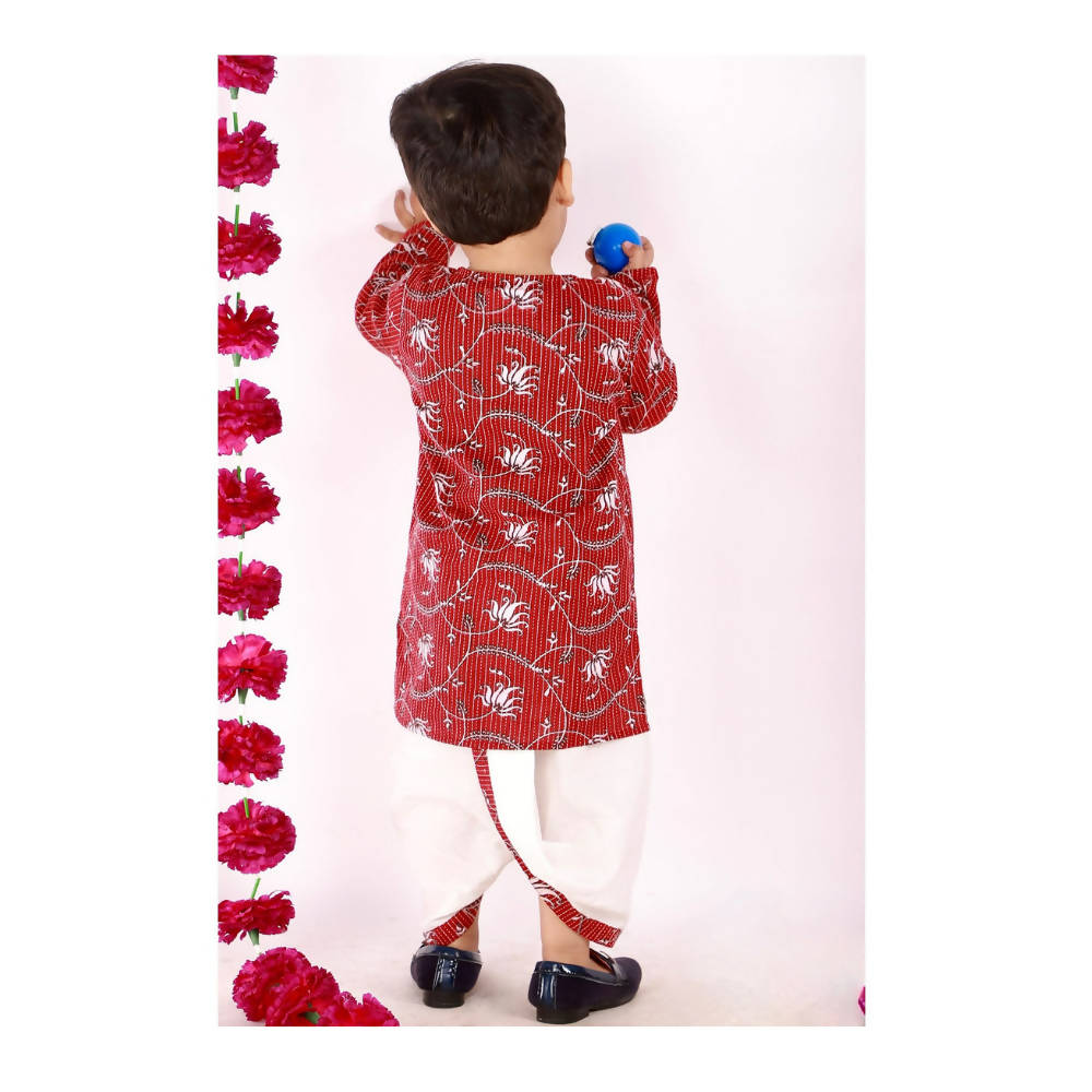 Little Bansi Boys Brown and White Color Bengali Kantha work floral kurta & Dhoti | Grocsy