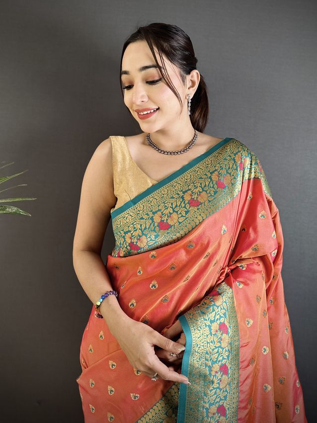 Elora Coral Pink Soft Silk Intricate Motifs Zari Weaving Banarasi Saree With Contrast Weaving Border | Grocsy