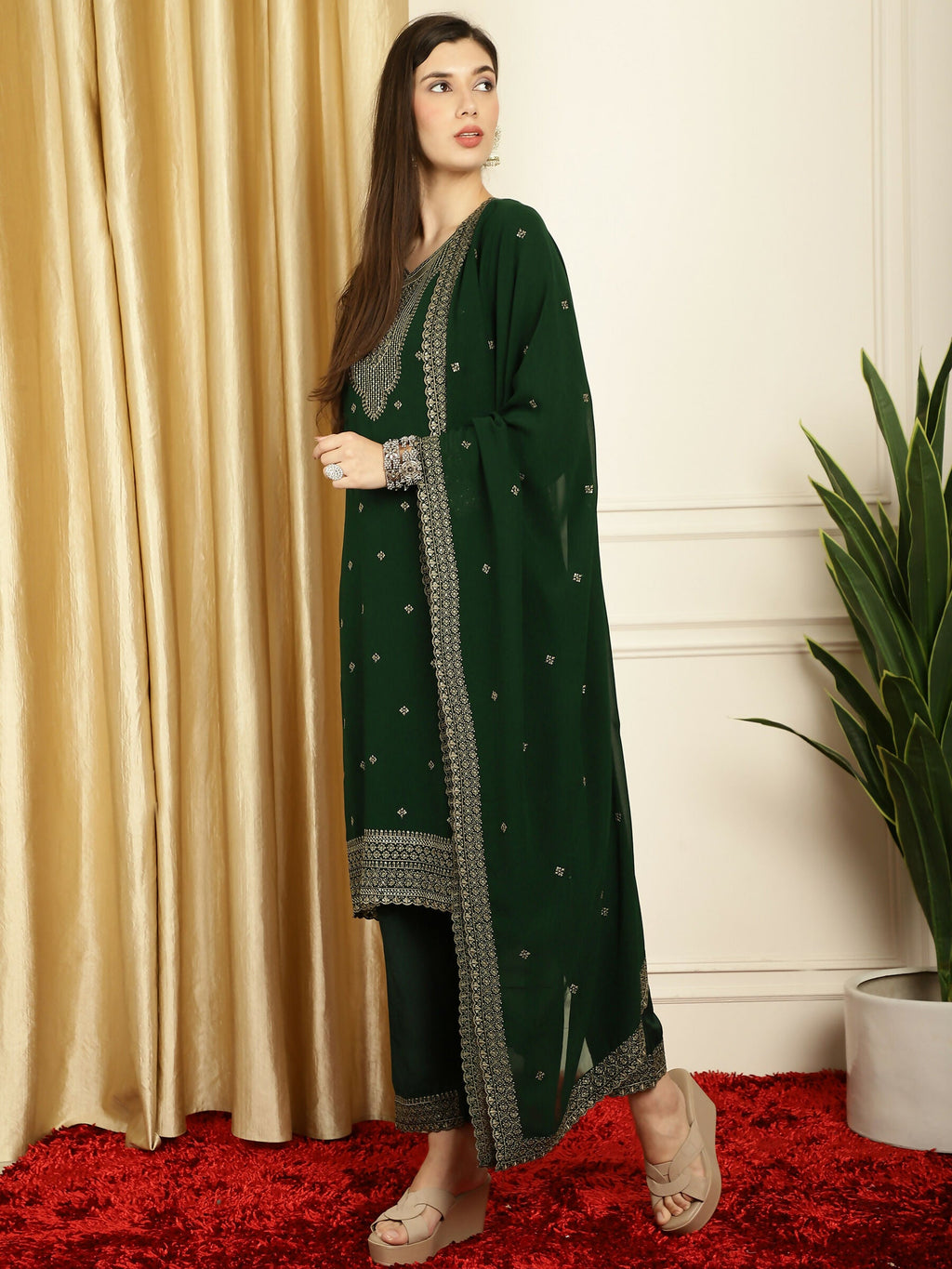 Jyoti Fashion Women's Green Georgette Resham Thread & Sequin Kurta with Trouser & Dupatta | Grocsy