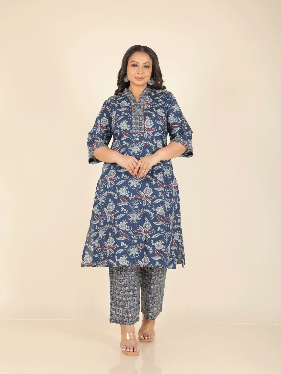 Aramya Blue Soft Cotton Floral Print Straight Kurta Set for Women | Grocsy