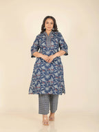 Aramya Blue Soft Cotton Floral Print Straight Kurta Set for Women | Grocsy