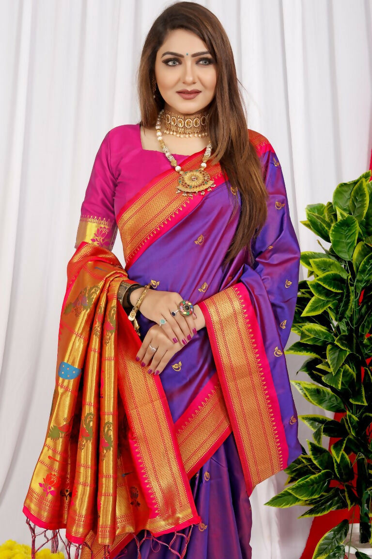 Jyoti Fashion Women's Purple Paithani Silk Zari Woven Saree with Blouse | Grocsy