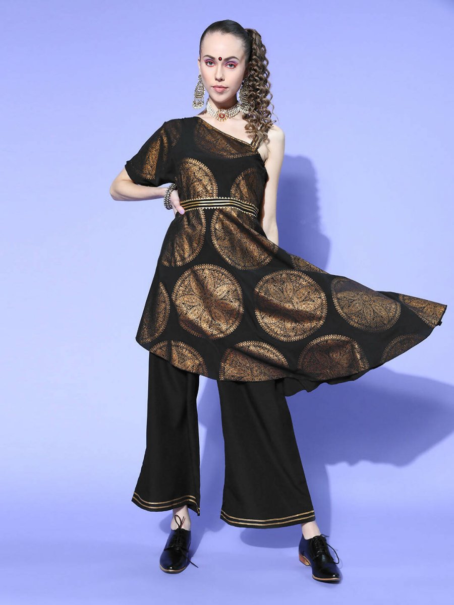 Ahalyaa Women Black Colour Crepe Printed Top Palazzo Set | Grocsy