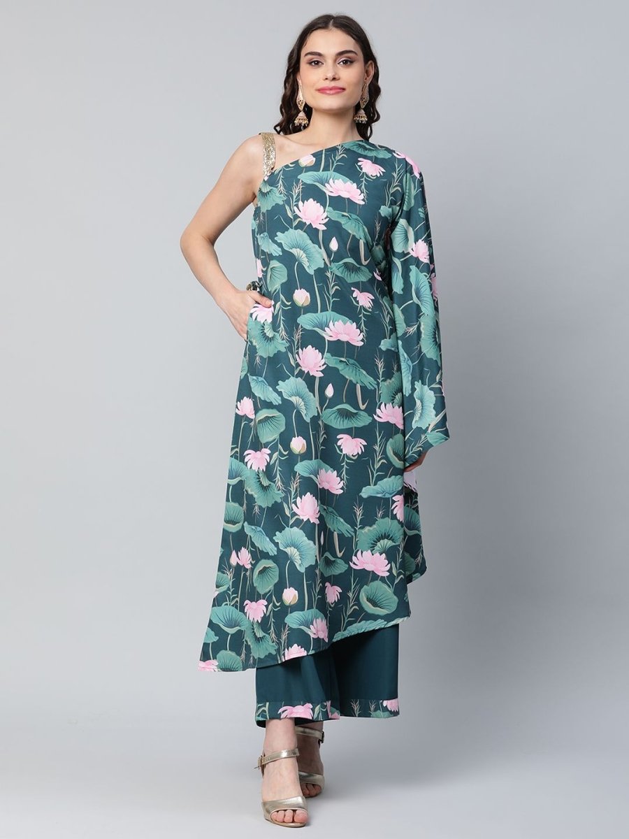 Ahalyaa Women Green Crepe Floral Printed Kurta with Palazzo Set | Grocsy