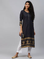 Yufta Women Navy Blue Golden Print Kurta | Grocsy