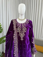 Vastranavya Purple Viscose Velvet Cording Sequence With Moti Work Top-Bottom With Dupatta | Grocsy