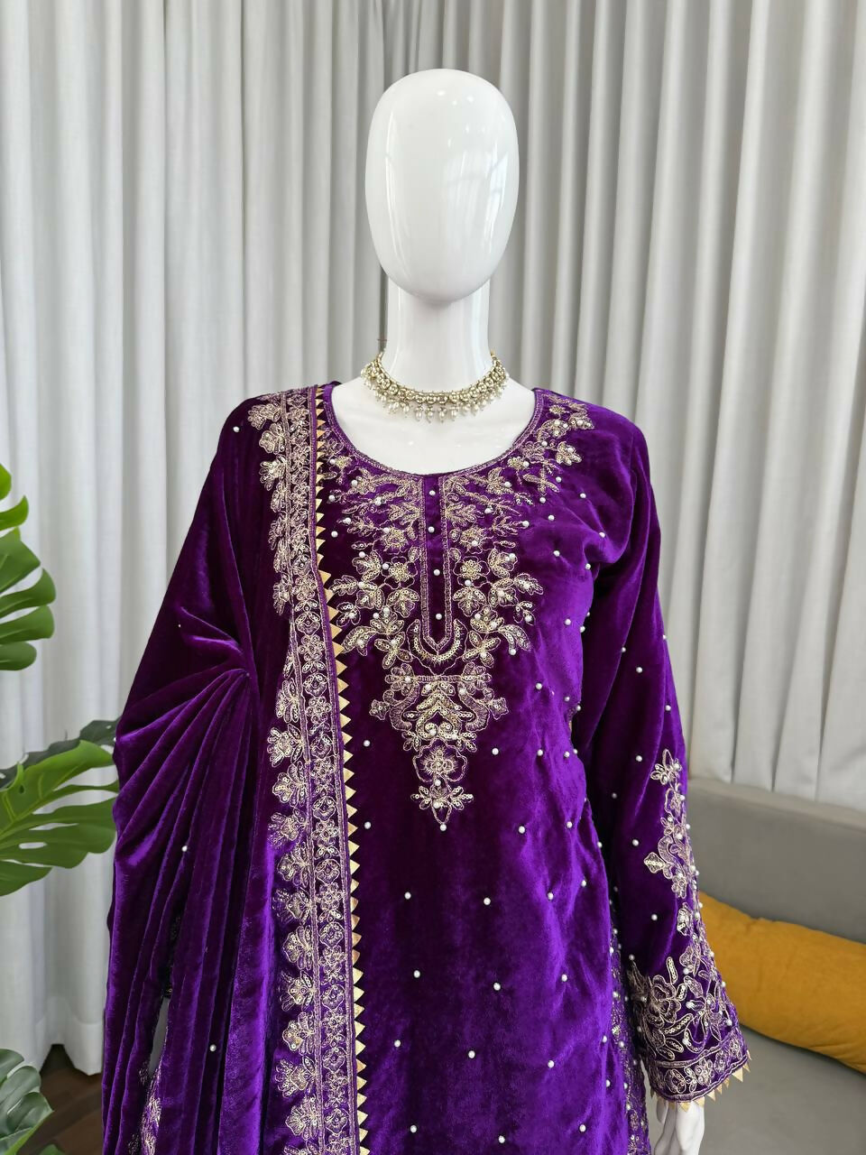 Vastranavya Purple Viscose Velvet Cording Sequence With Moti Work Top-Bottom With Dupatta | Grocsy