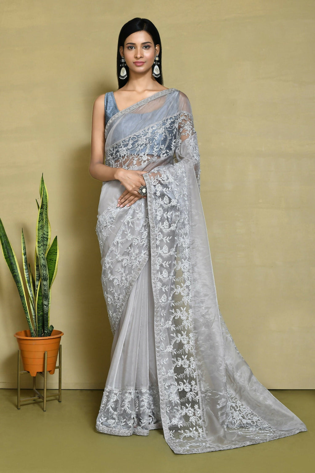 Grey Organza Satin Silk Floral Embroidered Festive Saree - Nimaya Denzy | Grocsy