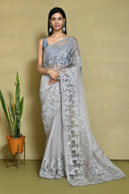 Grey Organza Satin Silk Floral Embroidered Festive Saree - Nimaya Denzy | Grocsy