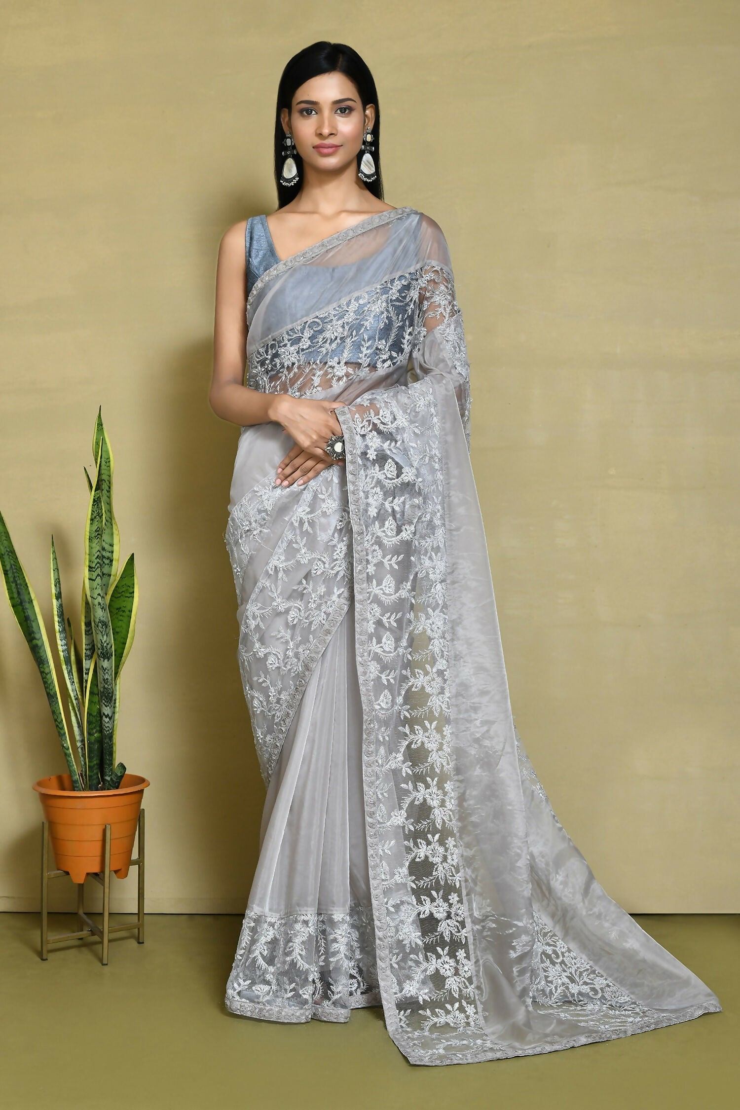 Grey Organza Satin Silk Floral Embroidered Festive Saree - Nimaya Denzy | Grocsy