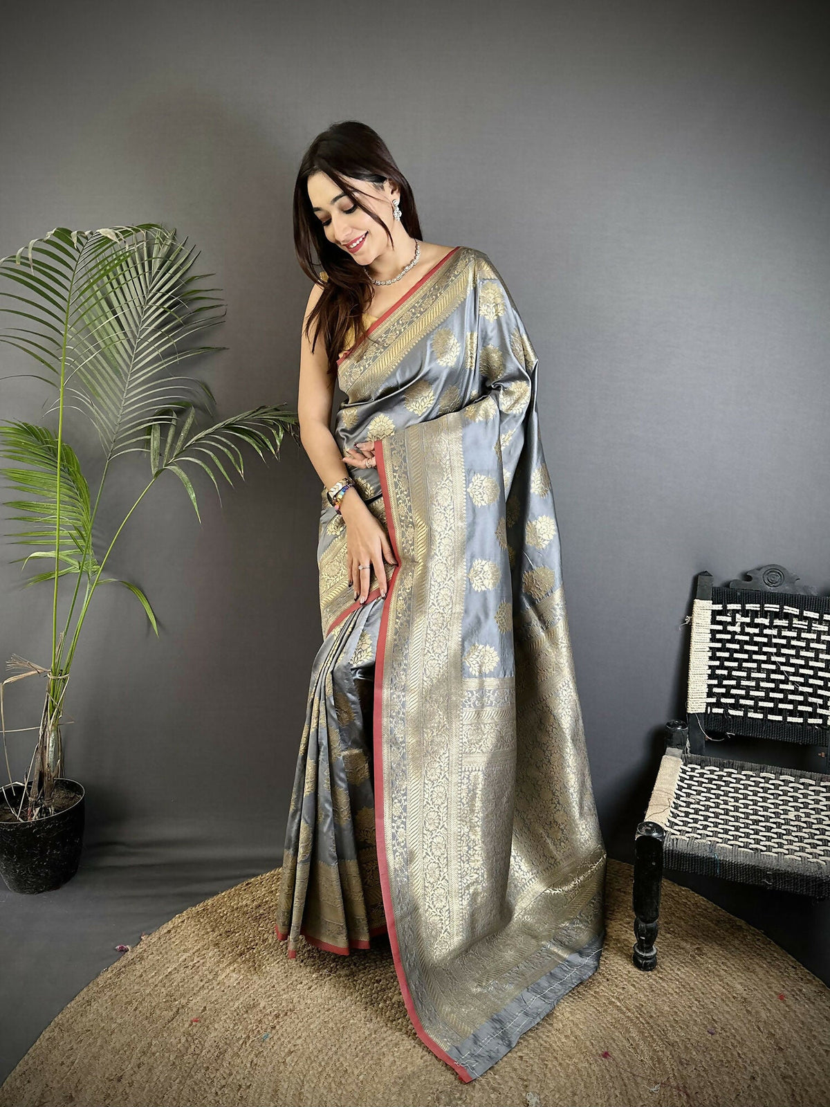 Joban Fashion Grey Ethnic Floral Motifs Soft Lichi Silk Banarasi Saree | Grocsy