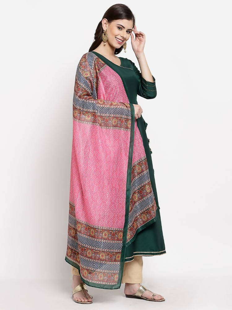 Myshka Women's Green Cotton Solid 3/4 Sleeve V Neck Casual Kurta Dupatta Set | Grocsy