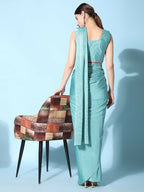 Sea Green Imported Crush Lycra Texture Pattern Ready to Wear Saree with stitched Blouse - Nirvana | Grocsy