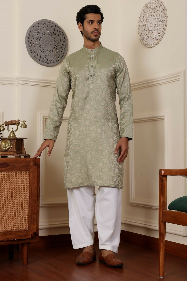 Pista Viscose Woven Jacquard Work Men's Rajwadi Kurta Set - Mahotsav | Grocsy