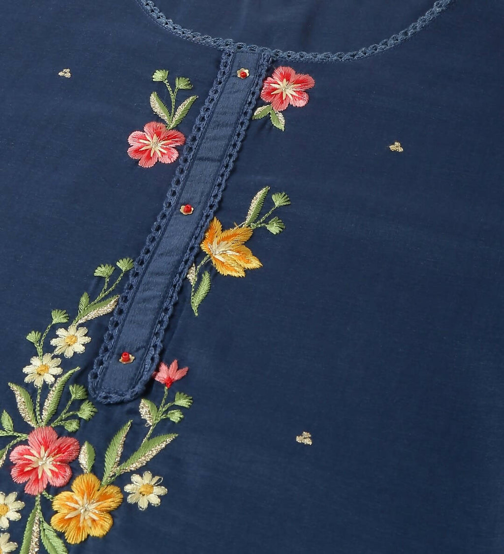 Blue Chinon Embroidered Straight Kurta with Trouser & Dupatta - Salimar | Grocsy