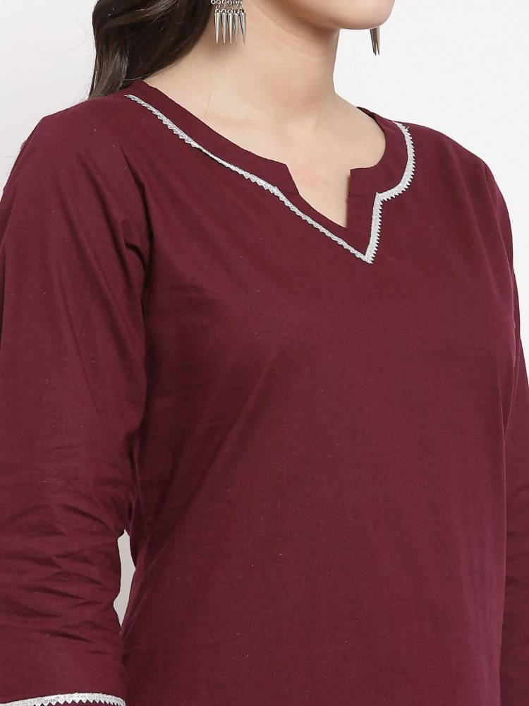 Myshka Women's Burgundy Cotton Solid 3/4 Sleeve Square Neck Casual Kurta Pant Dupatta Set | Grocsy