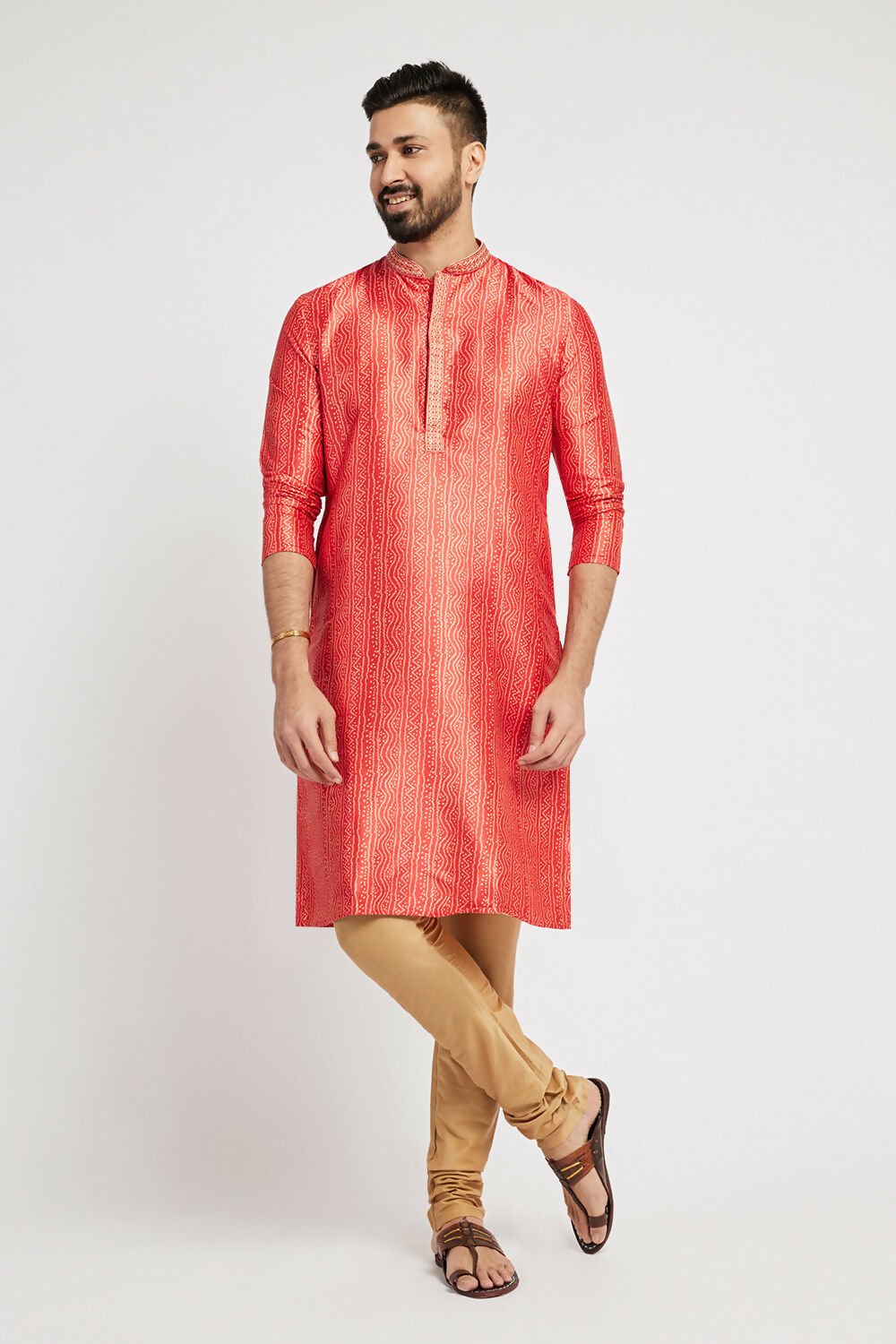 Ethnic India Red Men's Kurta Bandhani Polyester | Grocsy