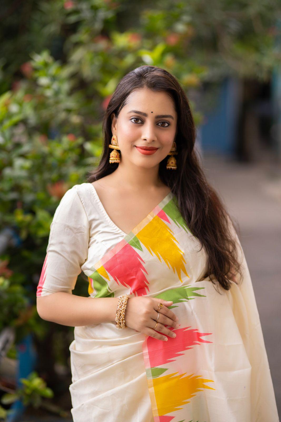 Cream Polycotton Woven Design Saree with Unstitched Blouse - A2M | Grocsy