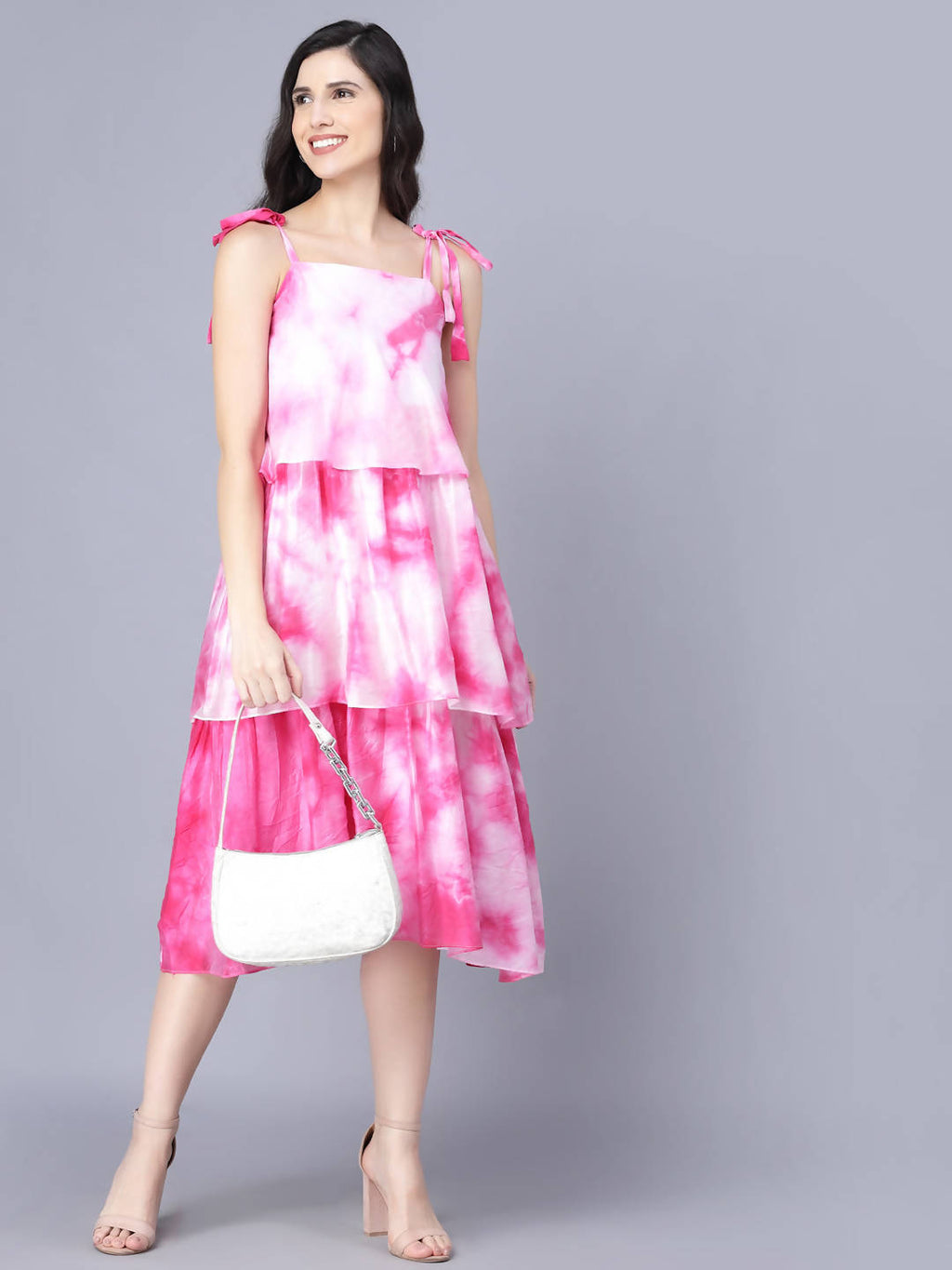 Myshka Women White Tie and Dye Dyed Layered A-Line Midi Dress | Grocsy