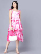 Myshka Women White Tie and Dye Dyed Layered A-Line Midi Dress | Grocsy