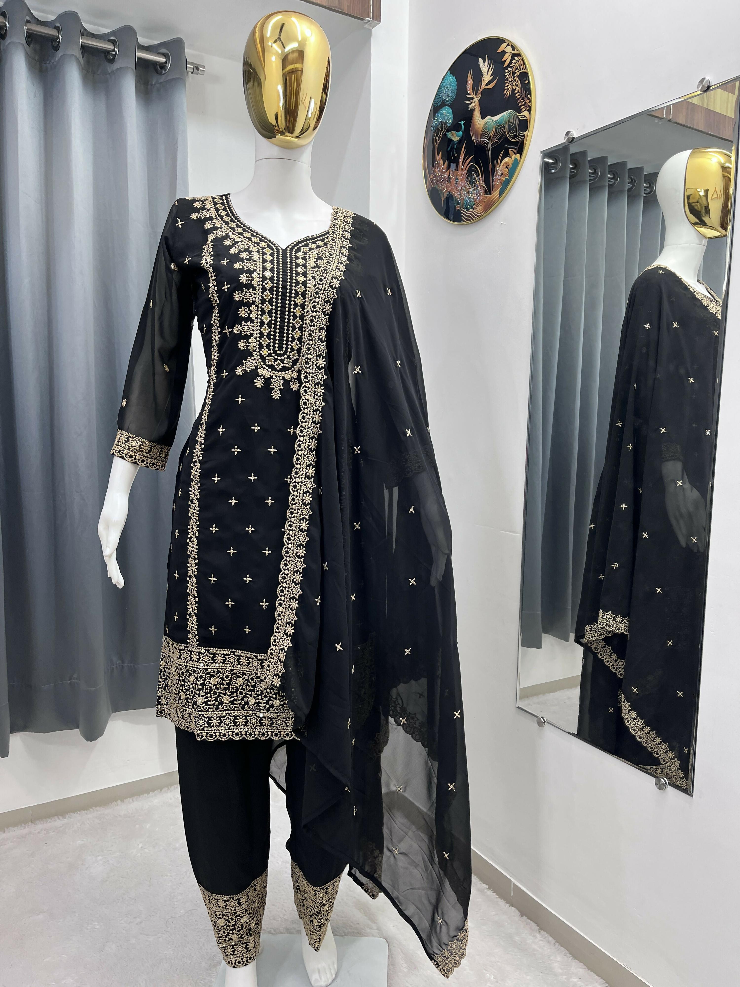 Teeya Creation Black Color Faux Georgette Embroidery Work Party Wear Salwar Suit | Grocsy