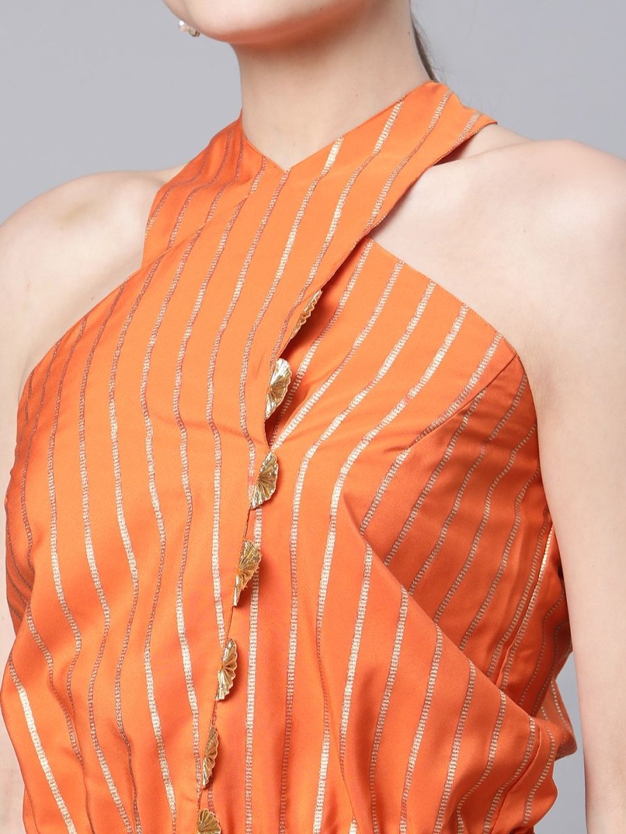 Ahalyaa Womens Orange Crepe Gold Stripped Print Jumpsuit | Grocsy