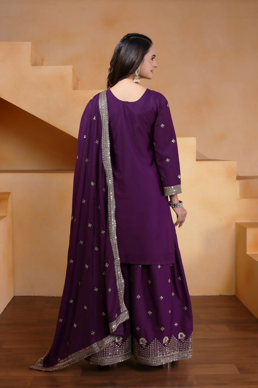 Joban Fashion Wine Crepe Embroidered Sharara Set | Grocsy