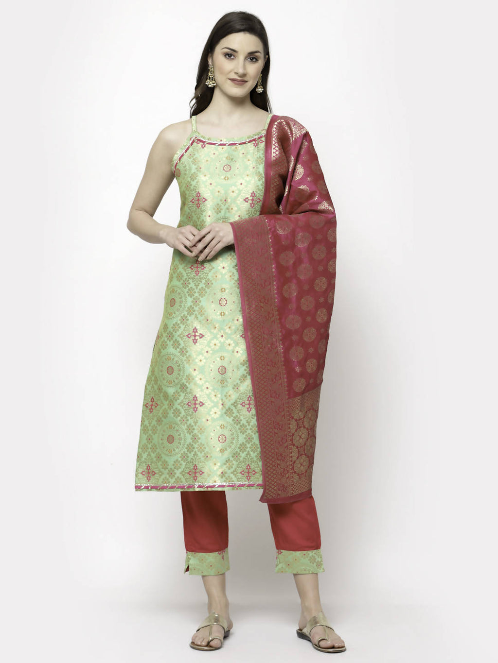 Myshka Green Jacard Printed Sleeveless Round Neck Kurta Pant Dupatta Set | Grocsy